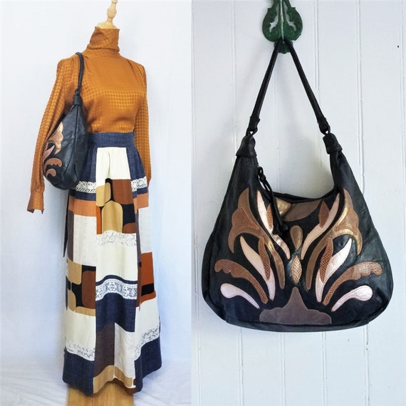1980's Large Black Patchwork Pleather Hobo Bag Pur