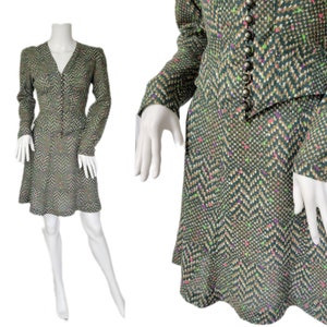 2 Pc 1970's Green Pixilated Herringbone Print Shirt Mini Skirt Top Suit Set I Sz Sm image 1