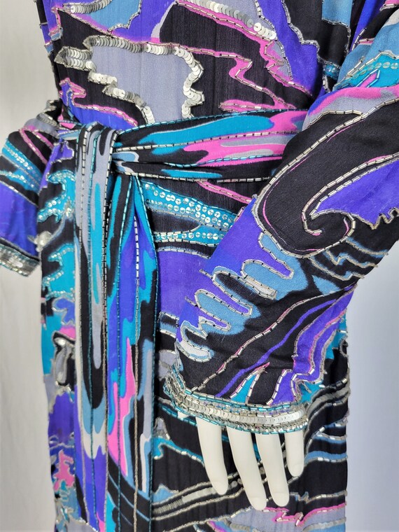 1980's Blue Pink Beaded Sequin Belted Silk Dress … - image 4