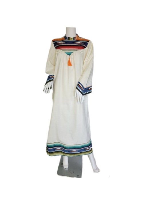 1970's Southwest Print White Flannel Caftan Robe … - image 3
