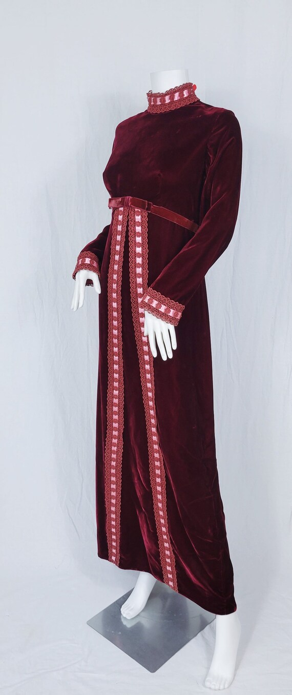 1970's Burgundy Velvet Empire Waist Long Maxi Dre… - image 6