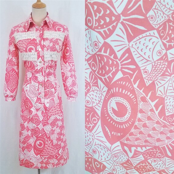 Fantastical 1970's Pink Fish Print Novelty Print C