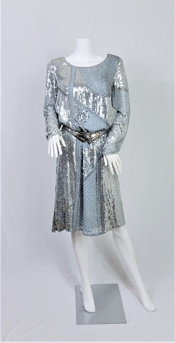 1980's Slate Blue Silk Beaded Shift Dress I Silve… - image 2