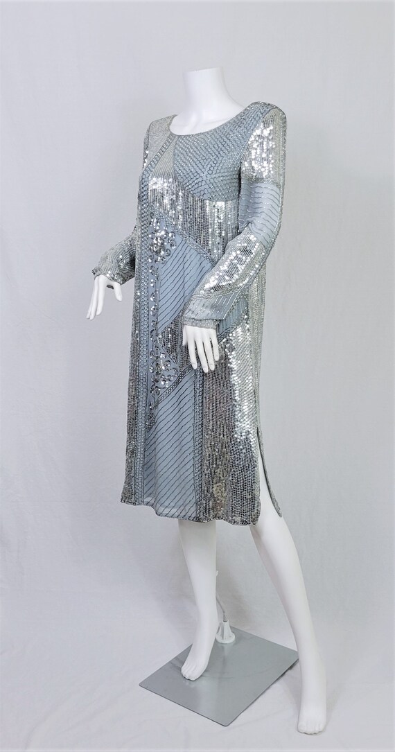 1980's Slate Blue Silk Beaded Shift Dress I Silve… - image 5