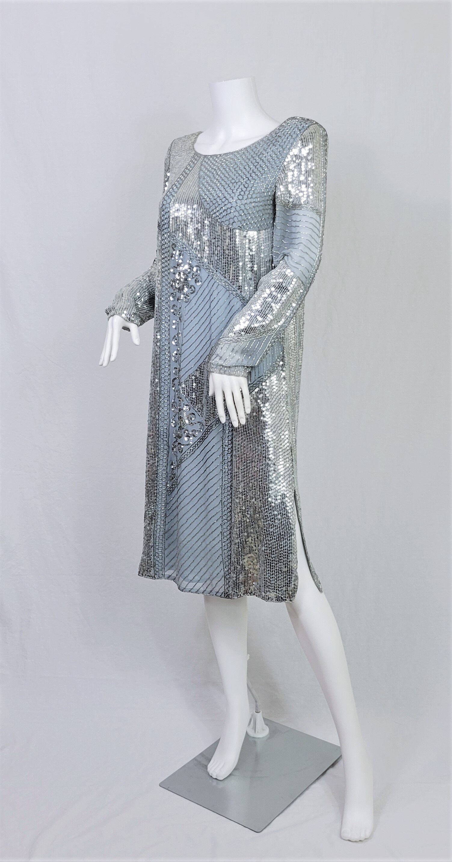 1980's Slate Blue Silk Beaded Shift Dress I Silver Bugle - Etsy