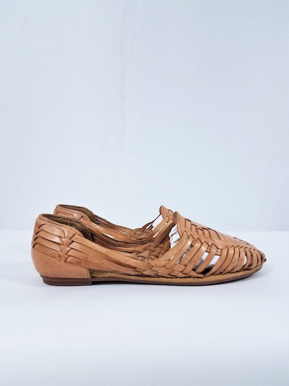 1980's Tan Leather Woven Mexican Huarache Sandals