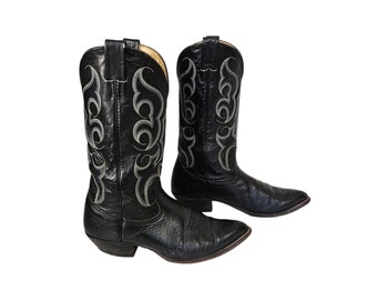 Nocona 1980's Flame Stitched Black Leather Western Cowboy Boots I Sz 9.5 Mens