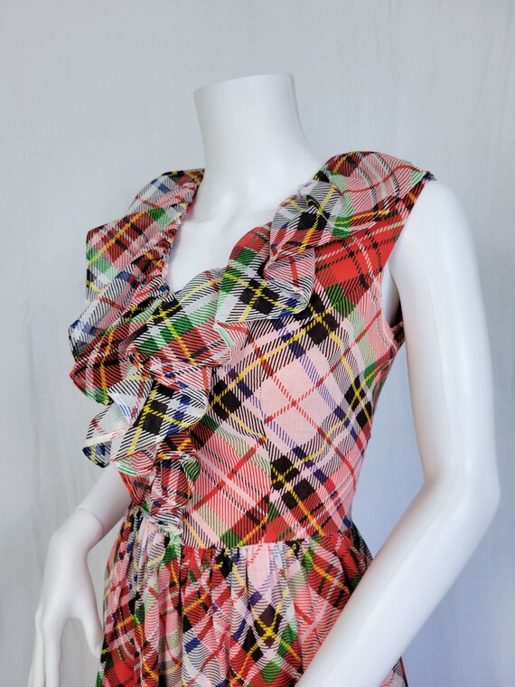 1970's Red White Green Plaid Maxi Dress Ruffled C… - image 7