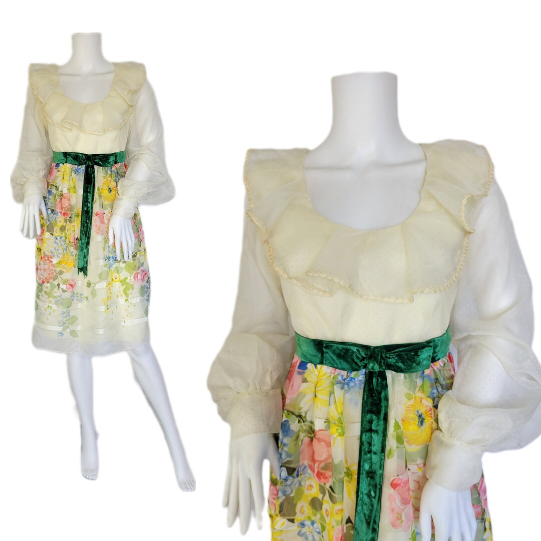 1960's Ivory Floral Chiffon Pastel Baby Doll Dress I Sz Med I Neiman