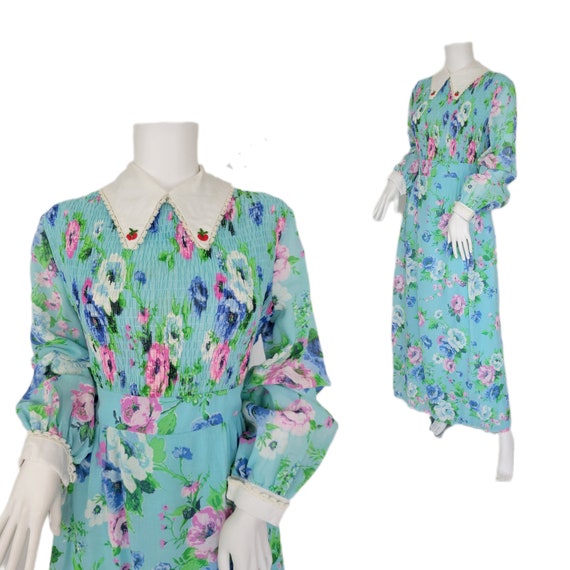 1970's Turquoise Blue Pink Floral Long Maxi Dress… - image 1