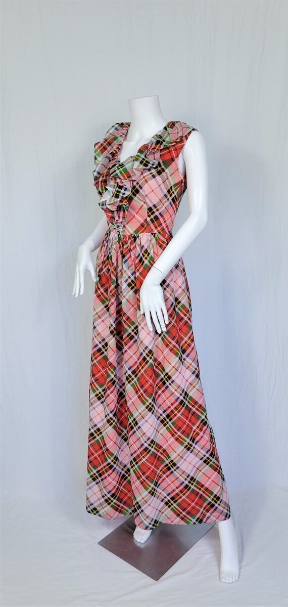 1970's Red White Green Plaid Maxi Dress Ruffled C… - image 6