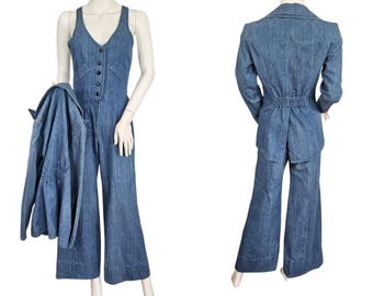 JJ and Co 1970s Blue Cotton Denim Pinstriped Jumpsuit Blazer Sm