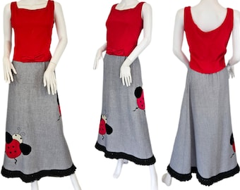 1970's Black Red Ladybug Applique Patchwork Maxi Skirt I Sz Med I W: 26" I Patches