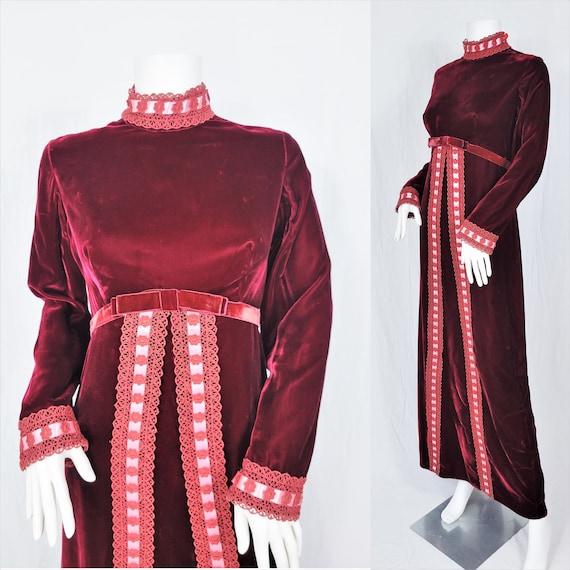 1970's Burgundy Velvet Empire Waist Long Maxi Dre… - image 1