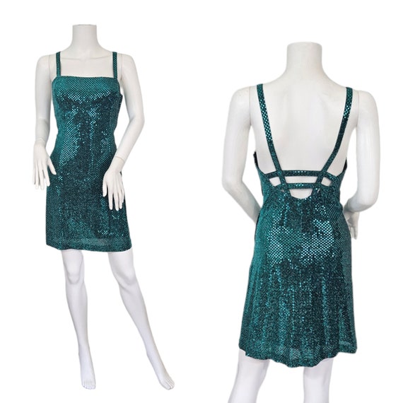 All That Jazz 1990's Teal Sequin Cage Back Mini S… - image 1