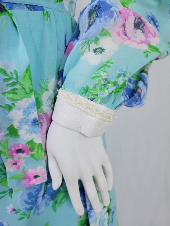 1970's Turquoise Blue Pink Floral Long Maxi Dress… - image 5