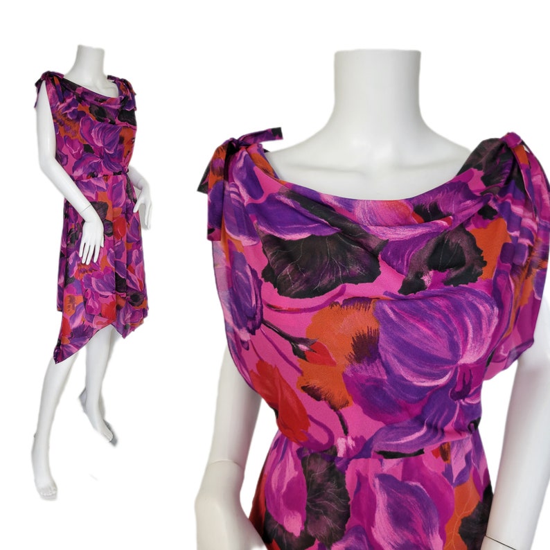 1970's Bold Purple Floral Print Handkerchief Hem Dress I Sz Med I Mar Martin image 1