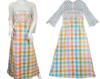 White Lace 1970's Pastel Checkered Print Long Cotton Lace Maxi Dress I Sz Med I Flutter Sleeves