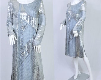 1980's Slate Blue Silk Beaded Shift Dress I Silver Bugle Beads I Sz Med I Swee Lo