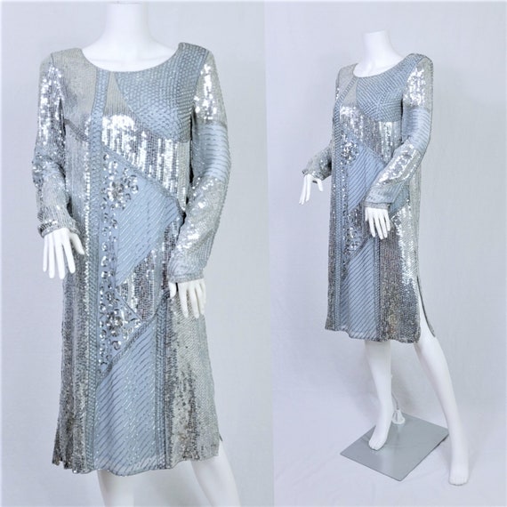 1980's Slate Blue Silk Beaded Shift Dress I Silve… - image 1