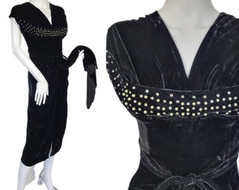 Charella of California 1950's Black Silk Velvet Draped Cocktail Dress I Sz Med I Rhinestone Under Bust Shelf