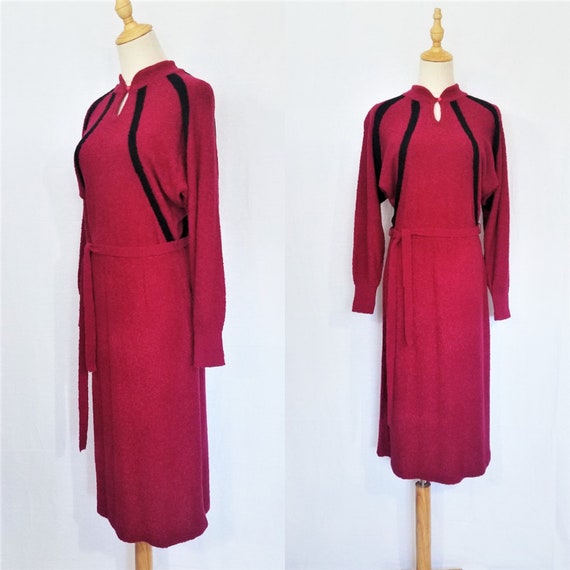 1970's Raspberry Red Boucle Knit Sweater Dress I J