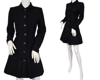 TRIO NY 1990s Black Wool Gabardine Button Down Swing Coat Blazer Sz Sm