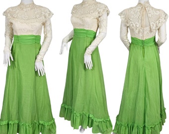 Ivory Lace 1970's High Neck Apple Green Long Maxi Dress I Sz Sm
