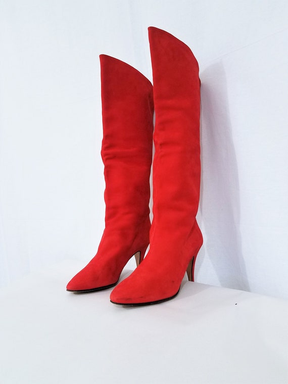 1980's Tomato Red Tall Suede Italian Leather Stile
