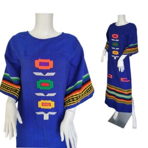 1960's Royal Blue Woven Caftan Smock Maxi Dress I Sz Med I Neon I Mexican I Resort Wear image 1