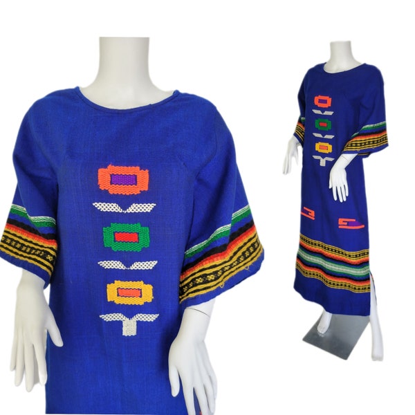 1960's Royal Blue Woven Caftan Smock Maxi Dress I Sz Med I Neon I Mexican I Resort Wear