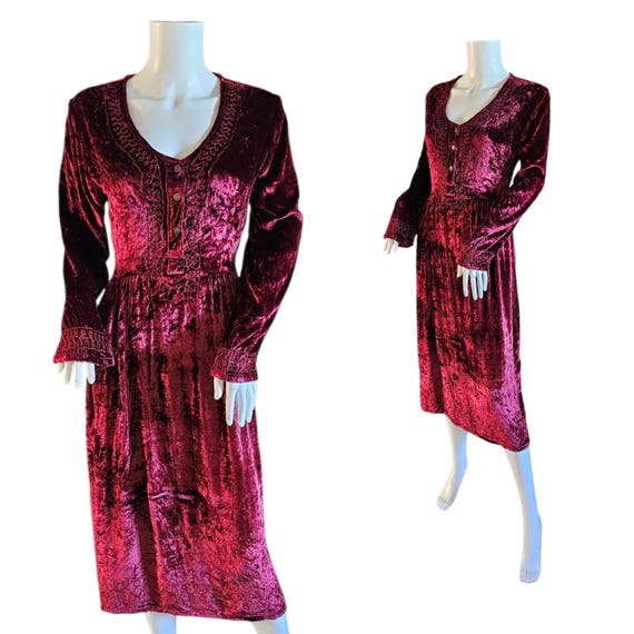 1990s Embroidered Burgundy Rayon Crushed Velvet Dress I Sz Med I Witchy