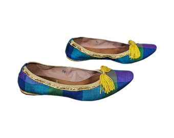 Jaren 60 blauwgroene Madras geruite zijden Shantung slip-on flats I schoenen I maat 3,5