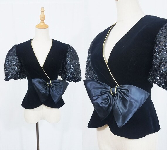 1980's Black Velvet Puff Sleeve Sequin Jacket I Sh