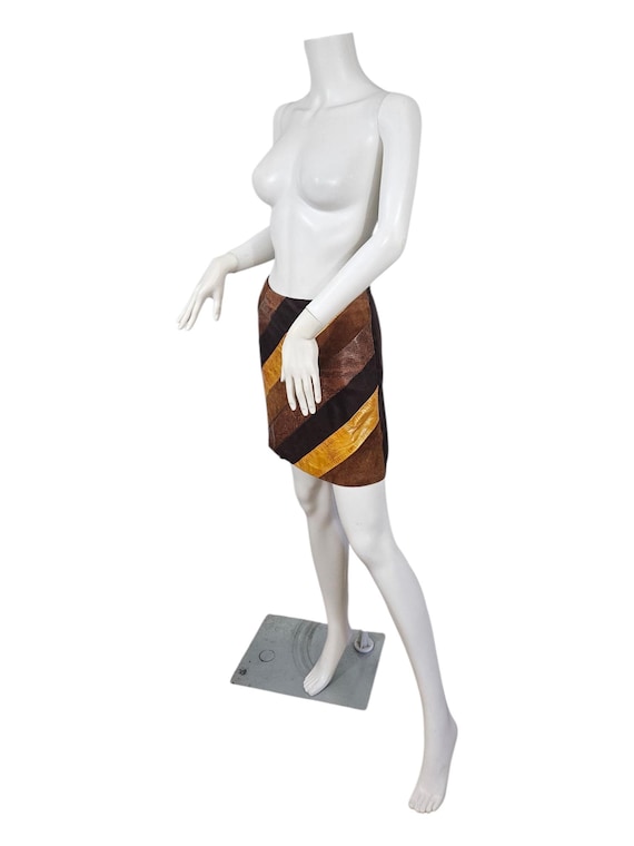 Cachè 1990s Brown Yellow Patchwork Leather Mini S… - image 5