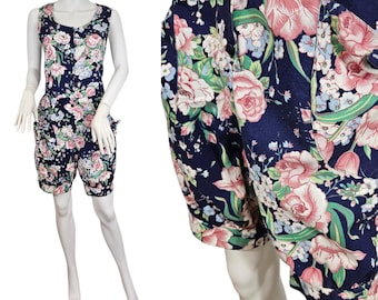 Joni Blair Combi-short floral une pièce en coton bleu des années 1990 Lrg Cottagcore Clowncore