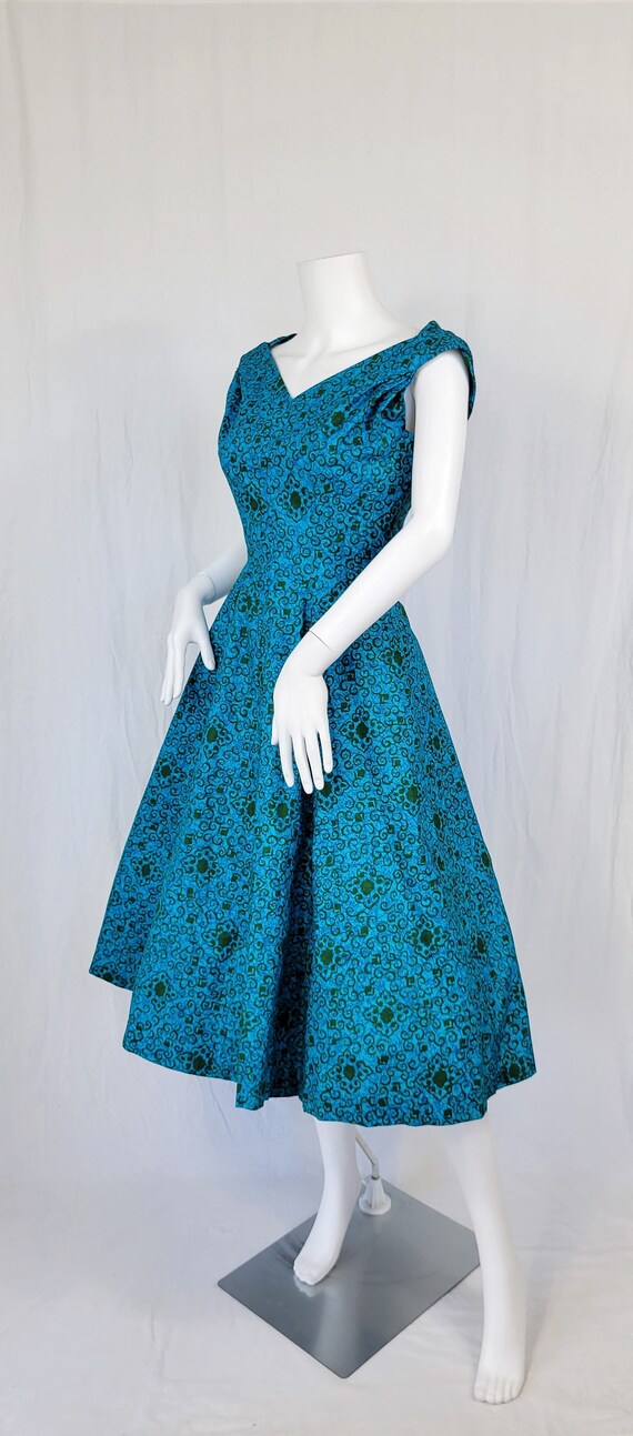Deadstock 1950's Turquoise Blue Batik Print Cotto… - image 4