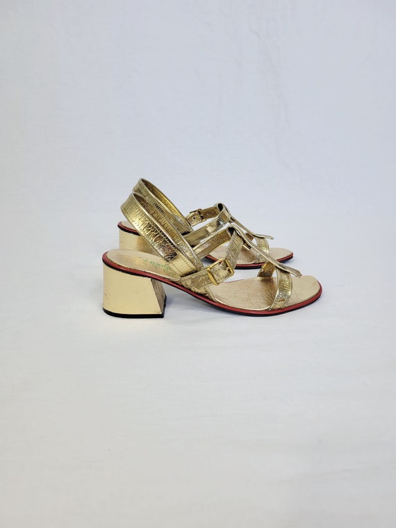 1960's Wedge Heel Metallic Gold Strappy Gladiator… - image 1