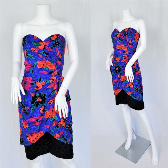 1990's Blue Floral Strapless Silk Sarong Embossed… - image 1