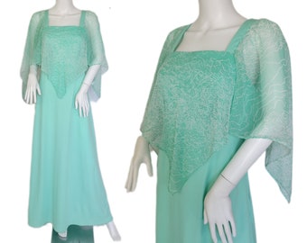 Angle Wing Chiffon 1970's Mint Green Long Poly Maxi Dress I Sz Med I Disco