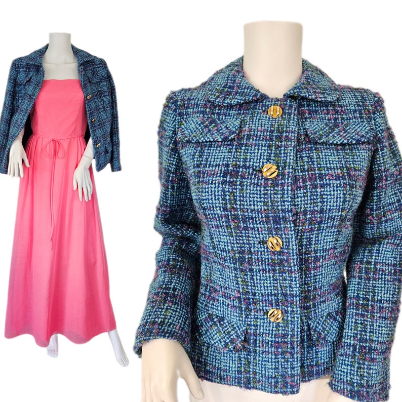 Marshall Fields 1960's Blue Pink Nubby Wool Plaid Boxy Short Jacket I Suit Coat I Blazer I Sz Med I David Ow image 8