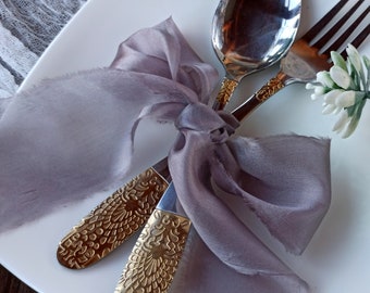 Grijs Zijden lint met de hand geverfd, 100% ZIJDE linten voor bruidsboeketten, Bruiloft lint uitnodiging, Neutrale bruiloft decoratie