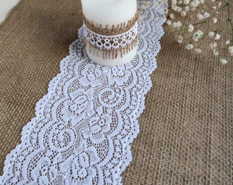 Table runner burlap with white lace, Burlap runner for wedding