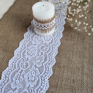 Table runner burlap with white lace, Burlap runner for wedding
