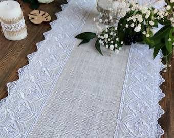Wedding table runner, Ivory burlap table runner with white lace, Jute table runner, Holiday decor table cloth