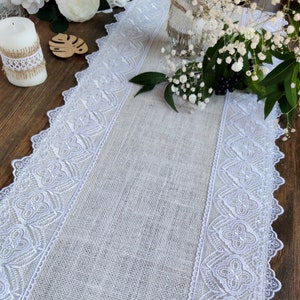 Wedding table runner, Ivory burlap table runner with white lace, Jute table runner, Holiday decor table cloth