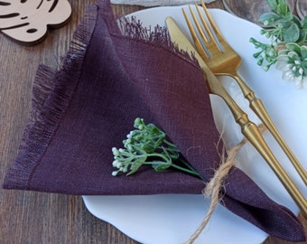 Cocktail napkins wedding, Eggplant linen napkins fringed, Wedding napkins cloth, LN - 145