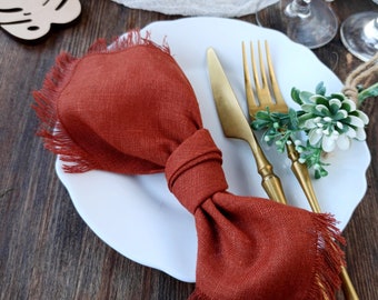 Wedding napkins linen,  Burnt orange napkins, Natural softened fringed linen napkins, Fall cloth napkins LN - 138