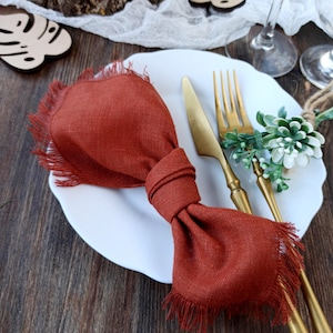 Linen napkins wedding table decor, Natural fringed linen napkins for farmhouse decor, Dinner cocktail napkins,  Burnt orange napkins