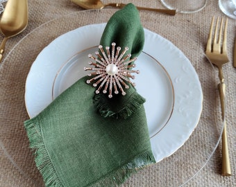 Linen napkin bulk,  Moss green cloth dinner napkins, Natural softened fringed linen napkins, Wedding napkins LN - 156